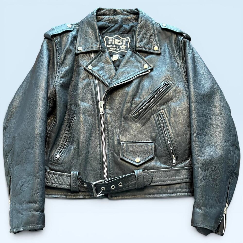 First Jacket Mens 40 Black Leather Motorcycle Biker Belted Zip Pockets Lined